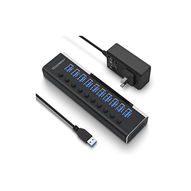 USB3.0ハブ 電源付き ROSONWAY 10ポート USBハブ アルミ製 5Gbps高速転送 セルフパワー USB拡張 独立スイッチ付 12V/3A ACアダプタ付き(RSH-A10)