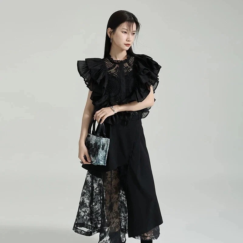 【J.Fashion】 フリル今週の割引は 25% オフです ブラウス レース飾り 夏 ノースリーブ 透かし彫り レディース おしゃれ 上質 関連商品は店で購入可能 メガ割