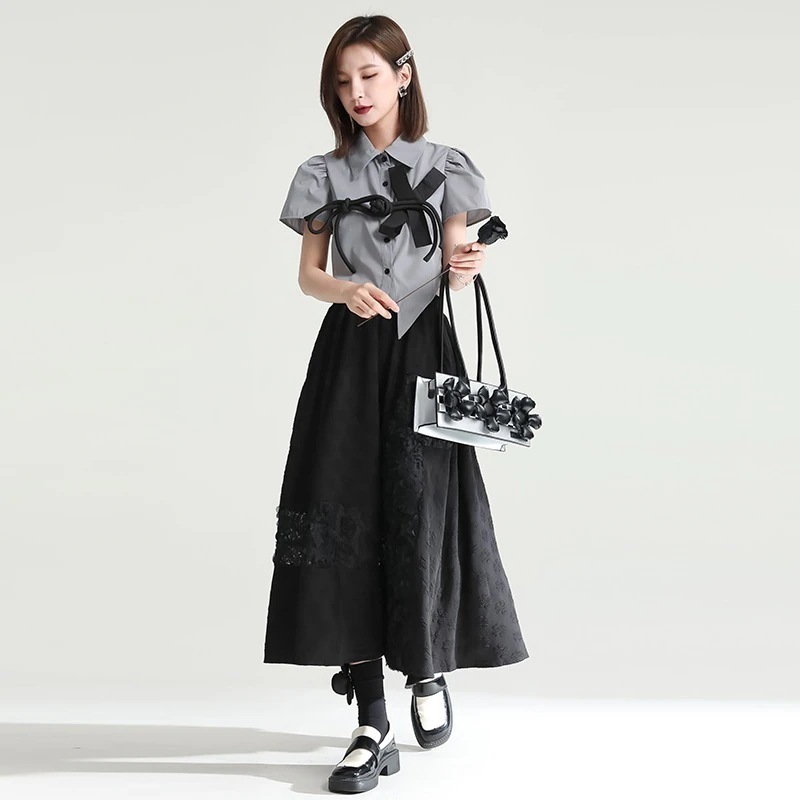 【J.Fashion】 ローズ今週の割引は 25% オフです飾り 3D 花柄 ハイウエスト Aライン ロングスカート レースアップ ブラックスカート メガ割