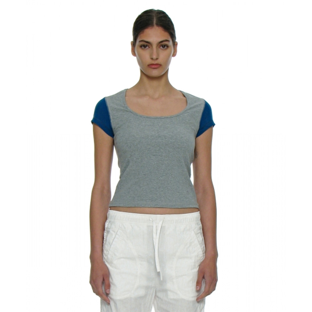 PARTIMENTO レディースカットアウトスクープネック半袖Tシャツ_メランジ