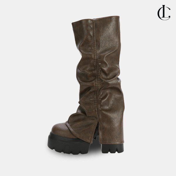 女性の秋のカジュアルレザーロングブーツハイヒールのシューズレザーフォールディングブーツLSS649