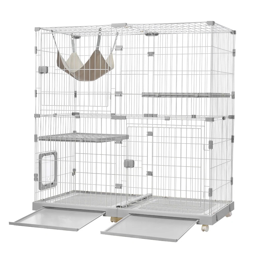 【国内出荷】猫 ケージ キャットケージ 2段 幅広設計 自由組み合わせ 猫ドア付き ハンモック付き 大型 猫ゲージ 高級感 おしゃれ キャットハウス ネコ ハウス 多段 留守番 保護 脱走防止 多頭飼