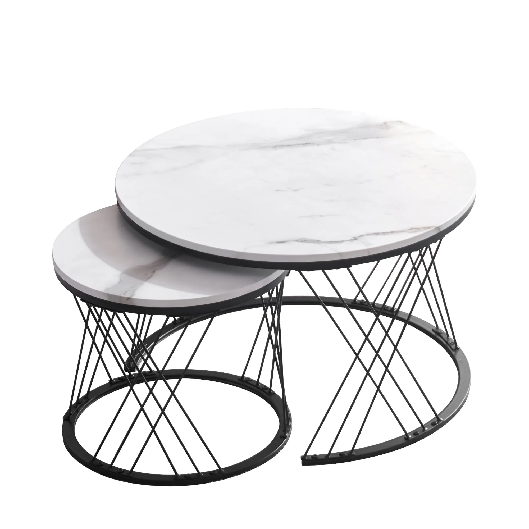 【国内発送】490 センターテーブル ネストテーブル ローテーブル 入れ子式 天板 大理石調 2個セットサイドテーブルローテーブル 丸 円型テーブル ローテーブル北欧風 一人暮ら 【ホワイト＋ブラック