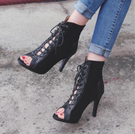 サマーブーツブーツサンダルレースアップハイヒールサンダル夏9.5センチヒールレディース靴26.5センチまで編み上げブーツ細ヒールレディース靴夏ブーツ 疲れない靴 サマーブーツ