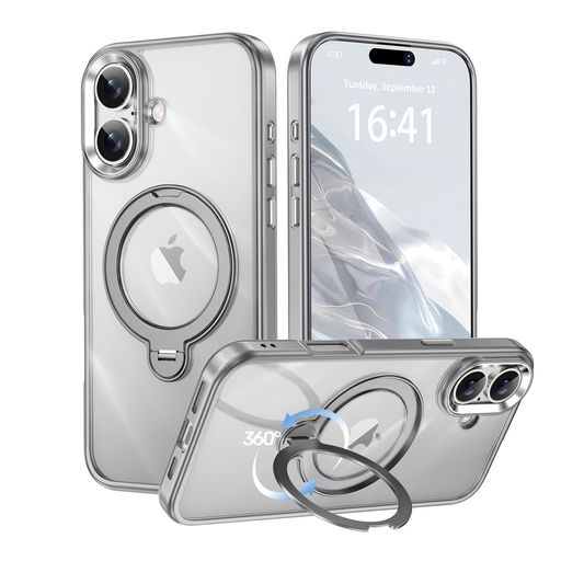【透き通る上質感・多機能360回転スタンド】KMAMBNG iPhone 16 用 ケース Magsafe対応【耐衝撃・金属感・真空メッキ・黄変防止・ストラップホール付き】縦横両立 角度自在 調整可能