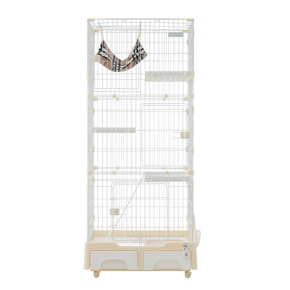 1461猫 ケージ トイレ付 ハンモック付 収納型 キャットケージ 3段 1段2段可能 キャスター付 キャットハウス 【クリームイエロー】