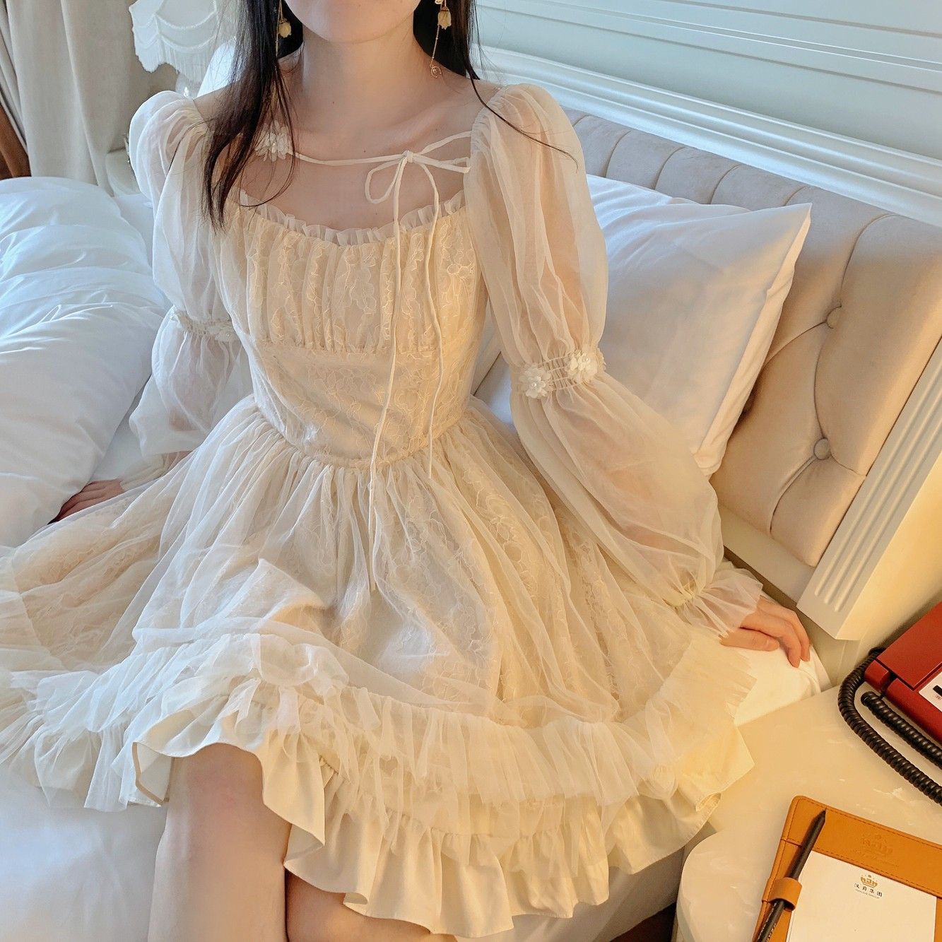 パーティードレス春夏作復古フレンチワンピースレースのスカート長袖ティーブレイクドレス今日は30パーセント