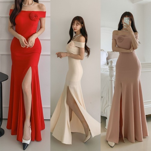 오프숄 로즈 슬릿 롱 원피스 파티 드레스