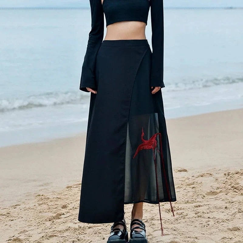 重ね着 スカート シフォンスカート マキシ 鶴刺繍 ロングスカート チャイナ風スカート 黒 ハイウエスト 着痩せ 独特 暗黒系