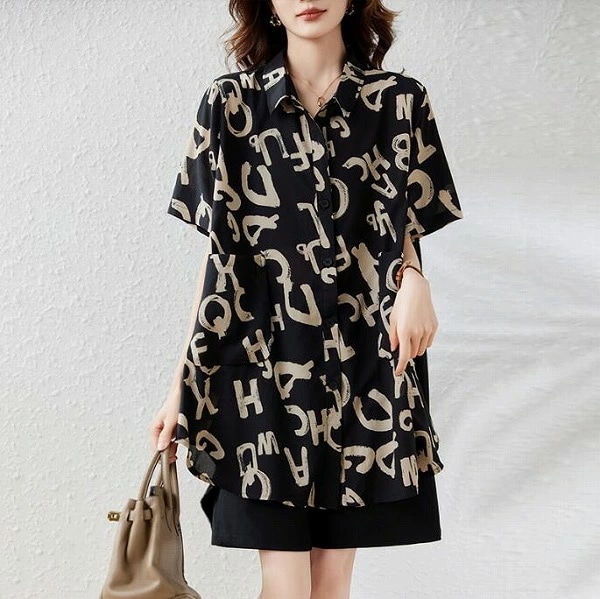 高評価!!$$超人気カジュアルトップス 夏 婦人服 着痩せトップス 気質 シャツ上着 プリント中長トップス 人気上着