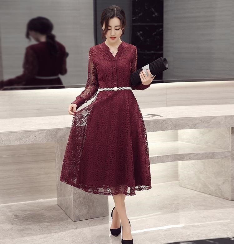 1489.総レースベルト付きドレス（ワインレッド） 2019 春夏 sale 結婚式 パーティー ディナー 演奏会 同窓会