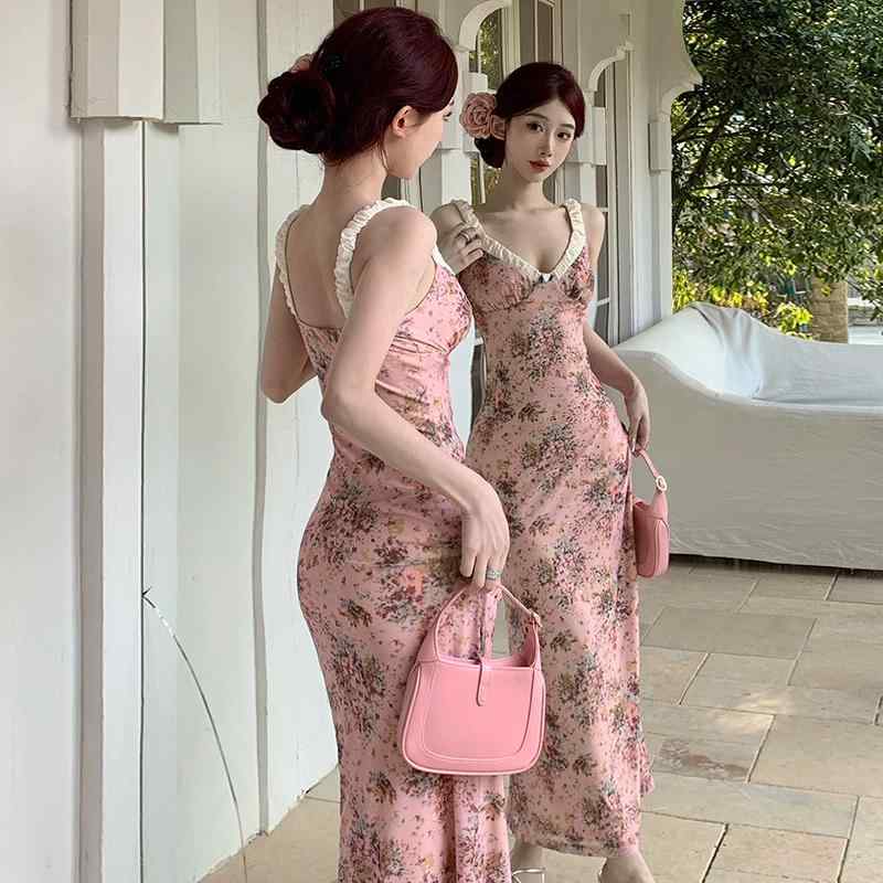 ワンピース レディース ガールズ 花柄 ロング スカート ドレス スリムフィット フレンチ ノースリーブ エレガント 上品 おしゃれ かわいい バカンス リゾート パーティー