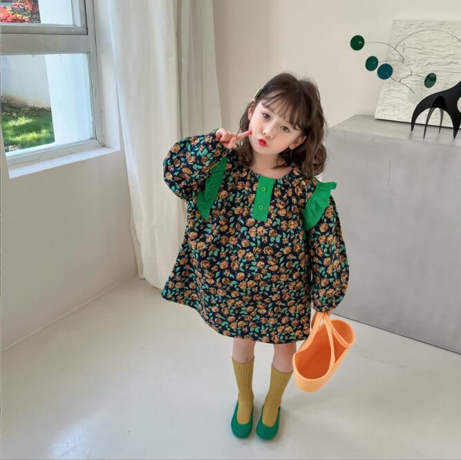 新しい 韓国のファッション女の子子供服 かわいいい甘い花柄のドレス 80-130cm9D35