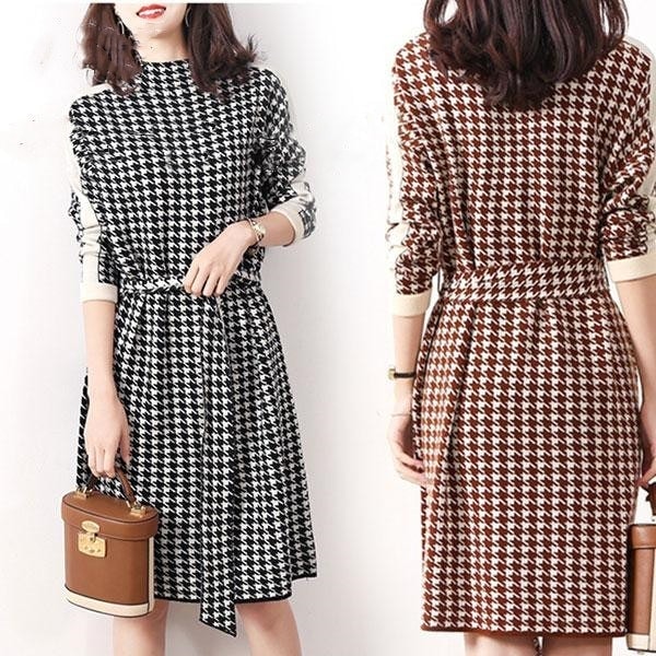 万能流行感ニットワンピースロングレディース通勤千鳥柄可愛いワンピースニット膝丈セーターニットウェア長袖秋冬Aライン体型カバー今日は30パーセント