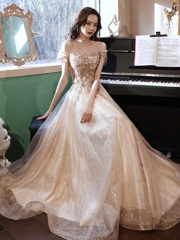 【期間特典】シンプルデザイン ロングドレス シャンペン色 カラードレス プリンセスライン オフショルダー カラードレス ロングドレス 演奏会用ドレス オフショルダー 発表会 刺繍 Aライン ウェディン