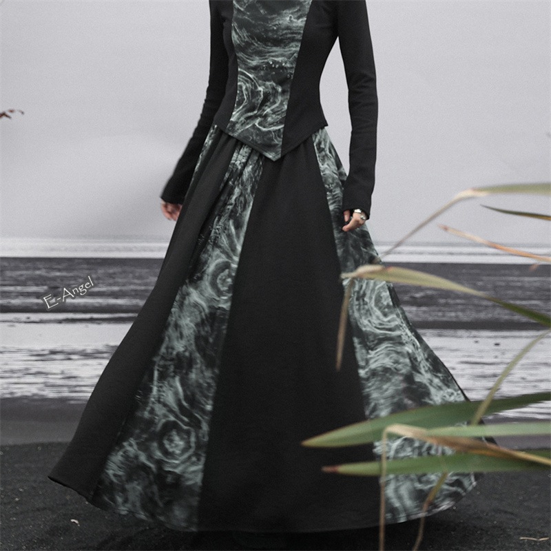 ロングスカート フレア 黒 秋冬 切り替え ウエストゴムスカート チャイナ風スカート マキシ丈 ハイウエスト 個性的