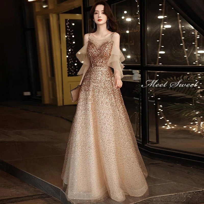 カラードレス シャンパン ゴールド 編み上げ 袖付き カクテルドレス ロングドレス パーティードレス イブニングドレス 発表会 演奏会 ステージドレス コンサート 11,366円