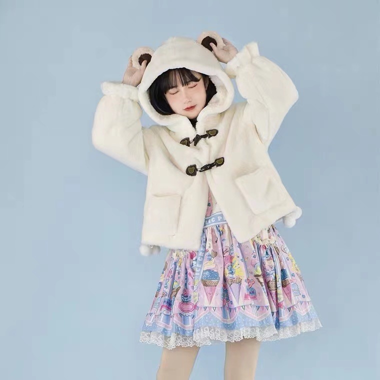 新作高質オリジナルロリータ防寒コートブルゾンショットコートモコモコファーコート可愛い耳付きダッフルコートコスプレ
