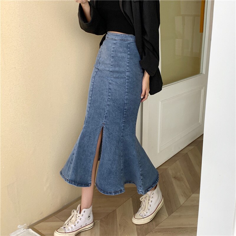 ラージサイズファットシスターmmデニムスカートレディースフィッシュテールスカートハイウエストフリ