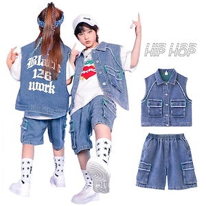 デニム服 キッズダンス衣装 セットアップ ベスト パンツ ハーフ 派手 子供服 ヒップホップ 衣装 男の子 女の子ダンス衣装 ベスト 袖なし デニムパンツ ショートパンツ ストリート系