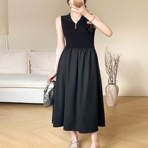 早割価格楽ちん 袖なし コンサート 腕出し レストラン ロング丈 黒 レディース ノースリーブ 夏 イベント フレア 普通丈ス 個性的 切り替えデザイン ブラック タンク ハイネック ライン パーティ