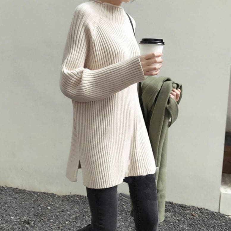 3color レディース リブニットチュニック ロングニット セーター トップス ミニワンピ