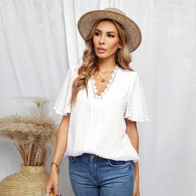 トップス シフォンシャツ ブラウス レース ミドル丈 袖あり 半袖 Vネック ストレート プルオーバー 可愛い かわいい 綺麗め きれいめ シンプル カジュアル 大人 上品 おしゃれ 大人可愛い 4,951円