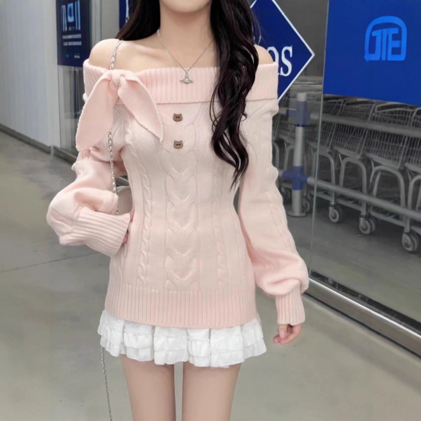 10個セット 風一文字肩長袖ニット女2025秋冬スレンダー着やせモチモチプルオーバーセーター