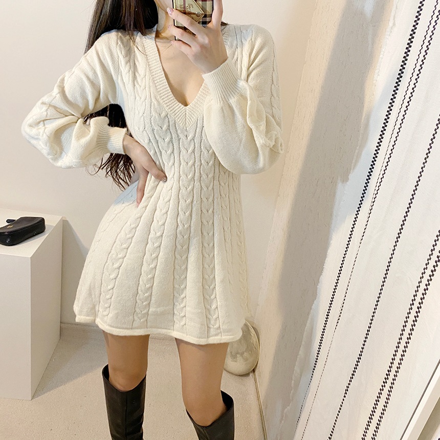ワンピース ミニ丈 長袖 ランタンスリーブ Vネック Aライン ニット かわいい 大人可愛い 無地