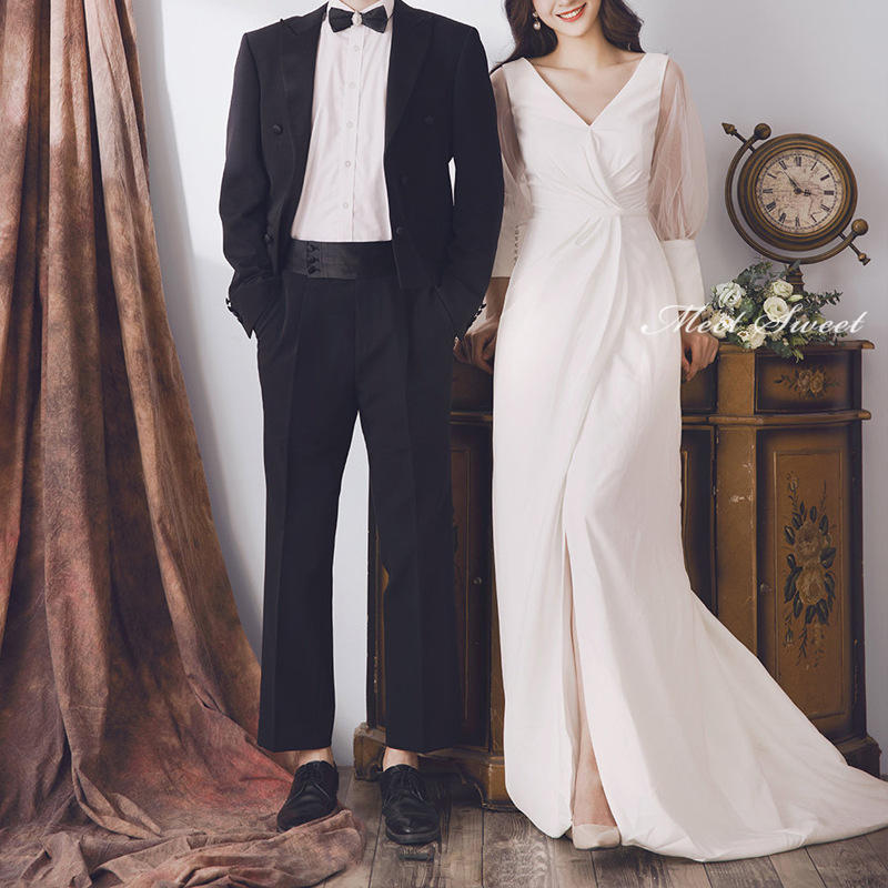 ウェディングドレス ウエディングドレス フォーマルドレス 袖あり 結婚式ワンピース サテン シフォン 透かし感 シンプル 韓国風 ロングドレス 発表会ドレス 二次会ドレス 披露宴 結婚式 設計感 前撮