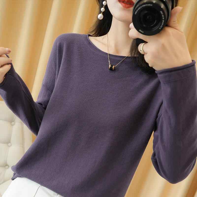 ファッション 服 オシャレ カワイイ シンプル 大カワイイ サイズ 婦服 秋 綿 100 ニットウェア ラウンドネック ロール 裾 セーター オフショルダートップス