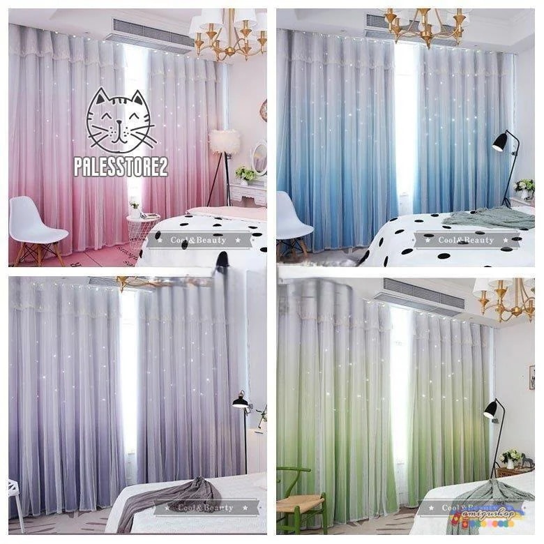 カーテン 遮光 断熱 レースカーテン 二重 一体型 チュール付き ドレープカーテン 姫系 防音 フックカーテン 星型 ピンク スター 丈直し 安い オーダーカーテン