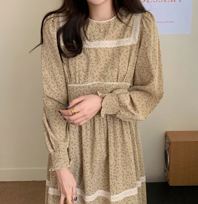 ワンピース ミモレ ミモレ丈 袖あり 長袖 パフスリーブ ラウンドネック 襟なし Aライン レース ウエストマーク ハイウエスト 薄手 かわいい 大人可愛い きれいめ シンプル カジュアル 大人 上品