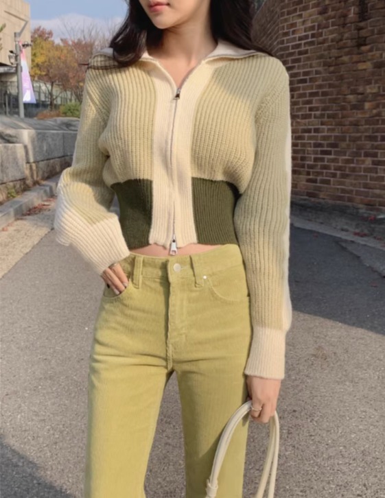 トップス セーター カーディガン ジャケット ミニ ミニ丈 袖あり 長袖 Vネック 襟付き スリム タイト 細身 切り替えデザイン ファスナー 前開き リブニット ニット 厚手 かわいい カジュアル