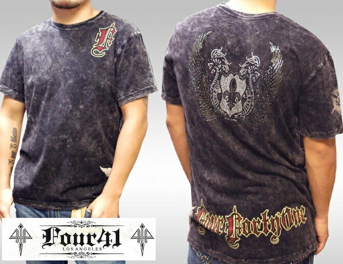 Four41 Los Angeles フォーフォーティーワン メンズ ラインストーン Tシャツ ツインドラゴン ブラック KS-77 スワロフスキー インポート セレブ ブランド ストリート LAセレ