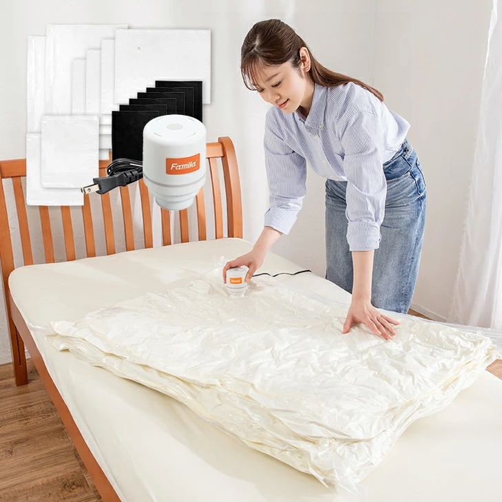 ファミラ 布団圧縮袋セット 掃除機のいらない布団圧縮袋15点セット 吸引機 圧縮袋 Mサイズ4枚 Lサイズ2枚 竹炭シート6枚 衣類圧縮袋2枚