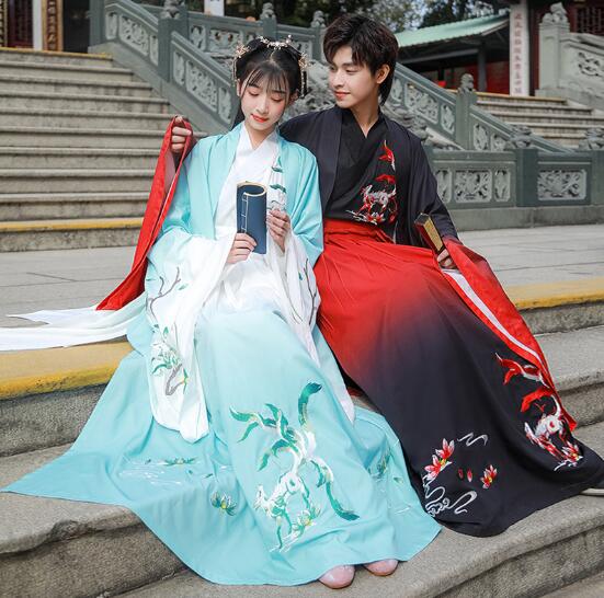 男女兼用漢服唐装漢服　狐刺繍 2点セット/3点セット選択　ロング丈羽織コート　カップル中華振袖漢服　ｔシャツ+ロング丈スカート　振袖中華古風コスプレ衣装　メンズレディースチャイナ舞台ステージ服　ハ