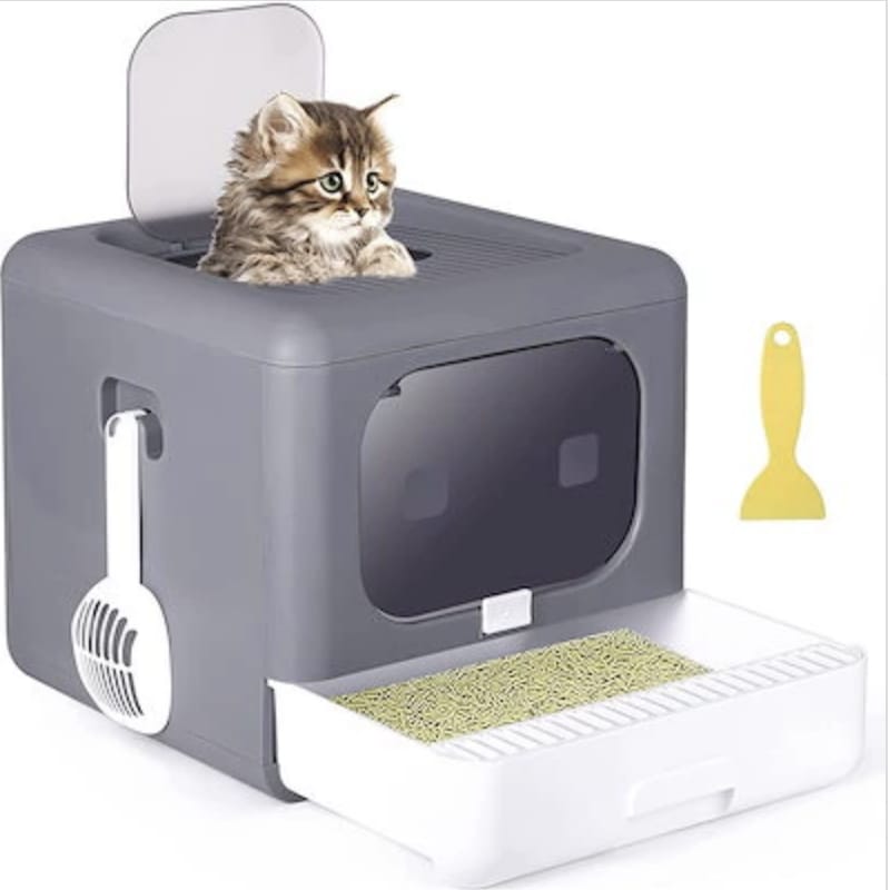 猫のトイレ　折り畳み式 猫砂盆　猫用トイレ本体　ネコトイレ　大型　引き出し式　スコップ付き　グレー 5,169円