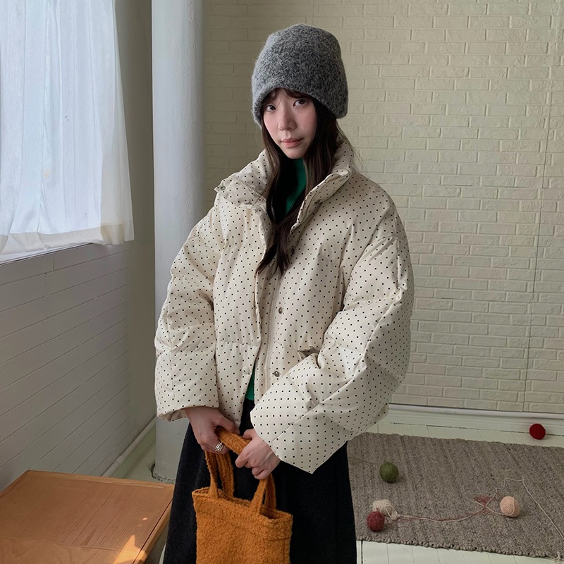 ドット柄の韓国風スタンドカラーのレディース用ルーズダウンジャケットカジュアルな冬用シングルブレストコート