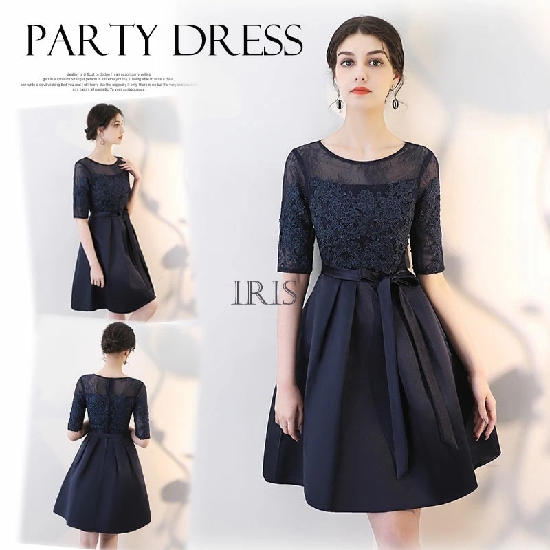 パーティードレス 膝丈 結婚式 お呼ばれ ワンピース 披露宴 同窓会 ブライズメイドドレス 五分袖 結婚式 ドレス フォーマルワンピース ブラック ネイビー グレー