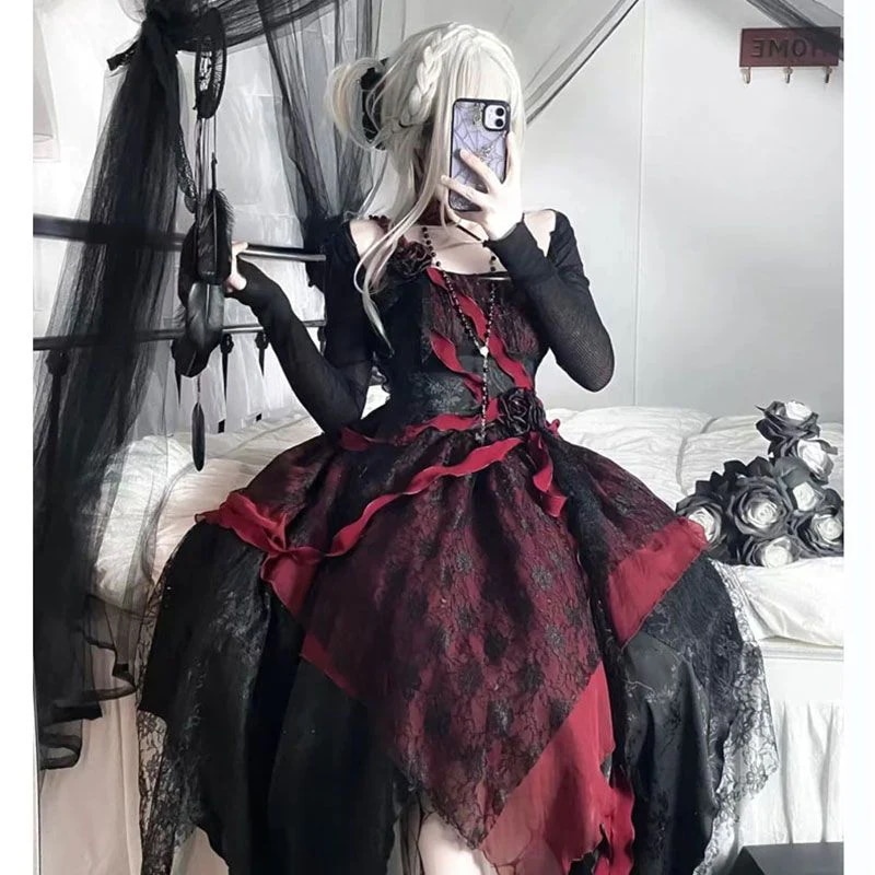 不規則なつなぎ合わせスカート優雅なバラのロングスカートのドレスlolitaストラップワンピース