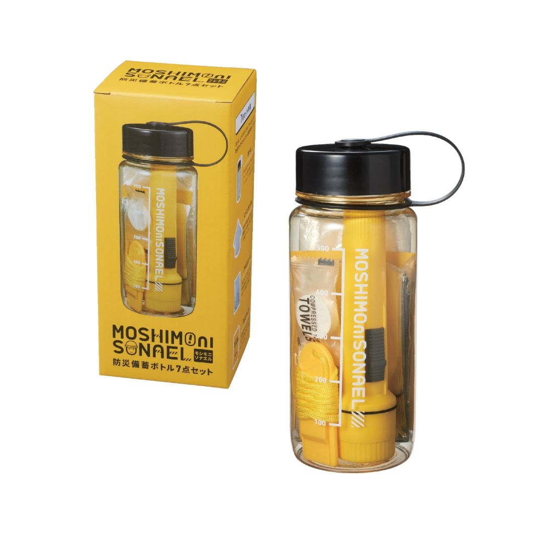 【60個セット】モシモニソナエル 防災備蓄ボトル7点セット 防災セット 備蓄セット 非常用持ち出し 災害対策 コンパクト防災 LEDライト ホイッスル 給水ボトル 車載防災 オフィス備蓄