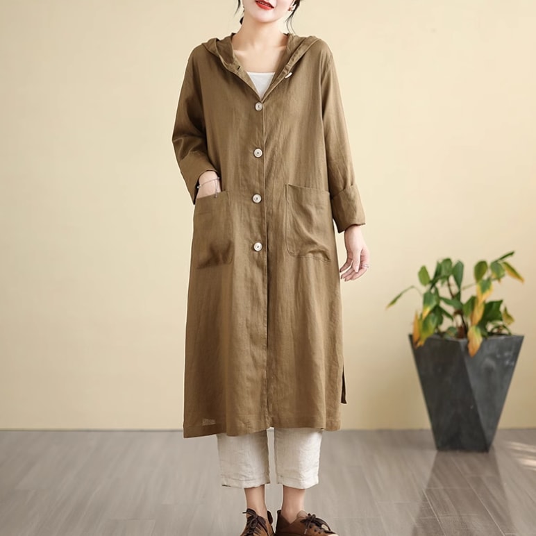 レディース アウター ウインドブレーカー ミドル丈 長袖 袖あり 襟なし フード ウエストリボン ポケット 前開き ボタン 薄手 大人可愛い シンプル カジュアル おしゃれ レトロ ラフ ナチュラル