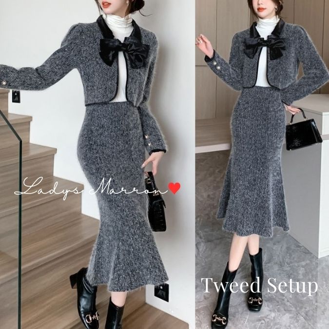 数量限定成人式セットアップ 同窓会セットアップ 地雷系 ニットセットアップ ジャケット マーメイドスカート ロングスカート 可愛い レディース セットアップ 2点セット 上下セット セットアップ リボ