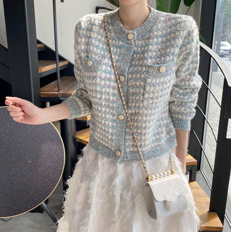 トップス レディース アウター ジャケット 上着 ツイード 袖あり 襟なし スリム タイト 羽織り 胸元 前開き 春 秋 冬 休日 デート お出かけ 女子会 ブルー ブラック ピンク カーキ 10代