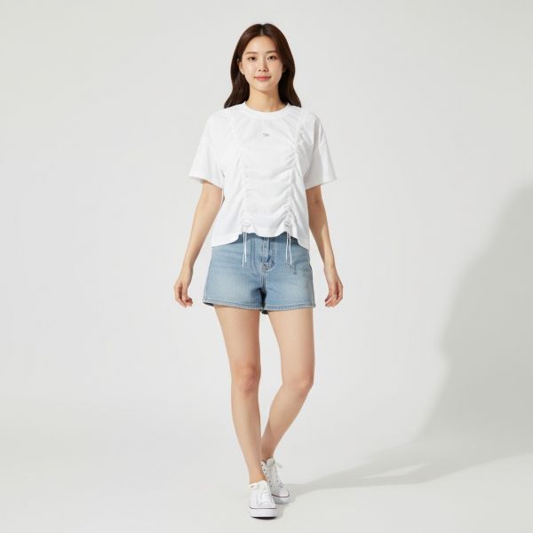 (Women) WAVE Logo Symbol Shirring Crop Synthetic Fiber T-Shirt_White