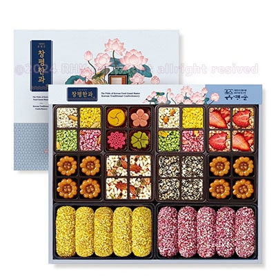 【韓菓（ハングァ) 贈り物セット 昌平2号 2段構成】 高級風呂敷付き 韓国お菓子 韓国 お菓子 プレゼントギフト 詰め合わせ［韓国伝統菓子］/米水飴油菓(200g)/モチ米油菓セット/ユグァ