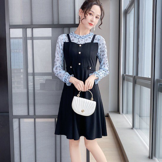 【取寄：納期2週間】ワンピース レディース 長袖 花柄 ミドル丈 レイヤード風 こなれ感 上品 おしゃれ 大きいサイズ チュニック オールインワン スカート ワンピース レディース 長袖 花柄