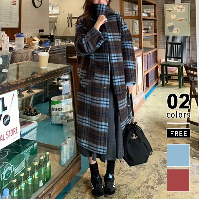 リバーシブルチェックコート マフラー付きノーカラーコート ロングコート ノーカラーコート リバーシ