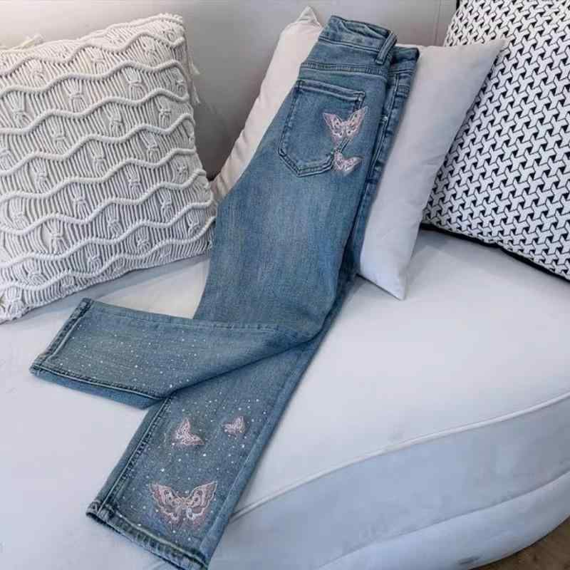 レディース ファッション カジュアル おしゃれ ストレート レッグ 九分丈 ジーンズ 春夏 刺繍 蝶 爪 スリム シガレットパンツ
